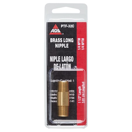 Ags Brass Long Nipple, 1-1/2 Length, Male (1/4-18 NPT), 1/card PTF-32C